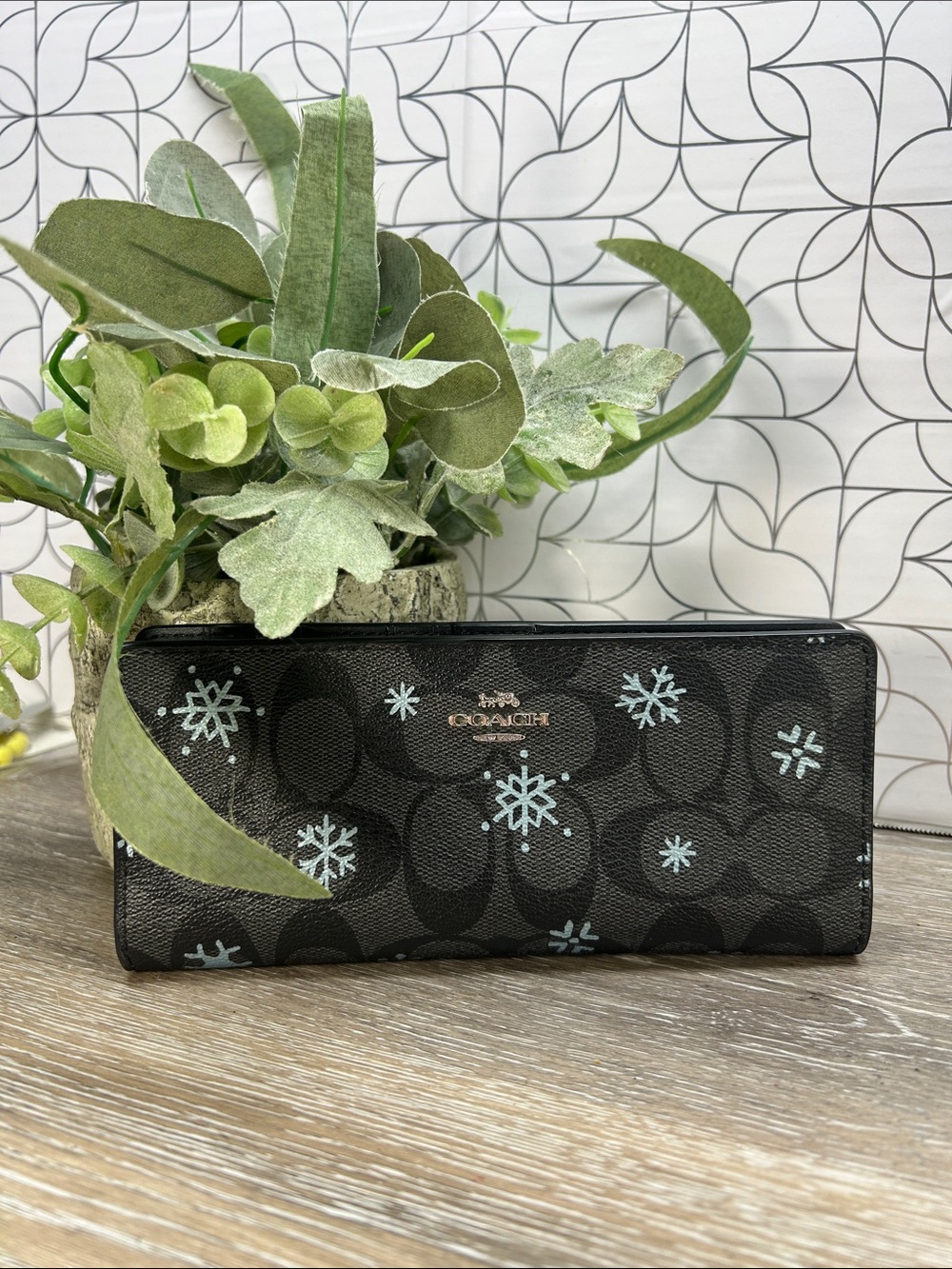 Coach Black Signature Wallet with Light Blue Snowflake Accents